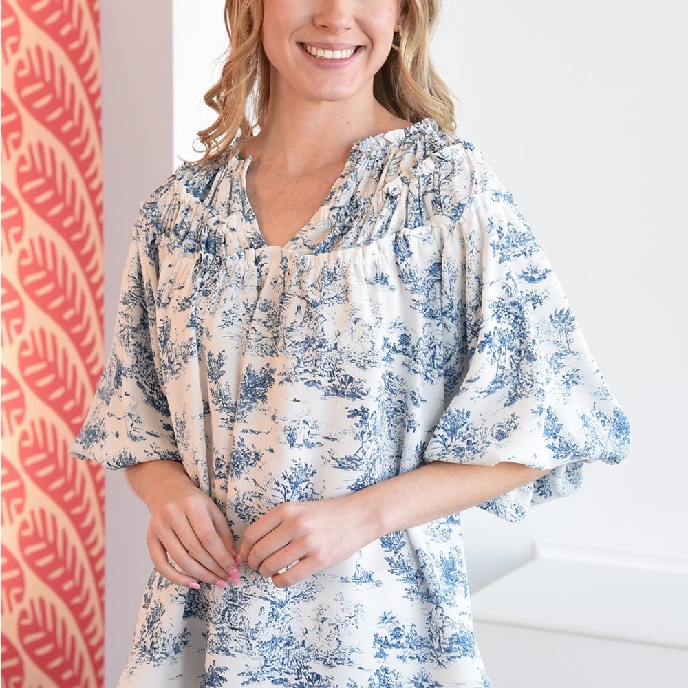 Entro Relaxed Ruched Blouse Toile Grandmillennial Large Top